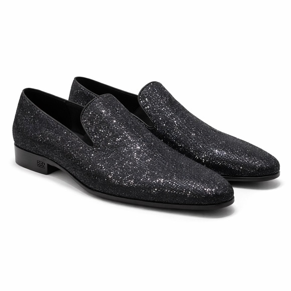 Steve Madden Black Glitter Loafers Slip-On Dress Shoes Mens Sparkle Party Luxe